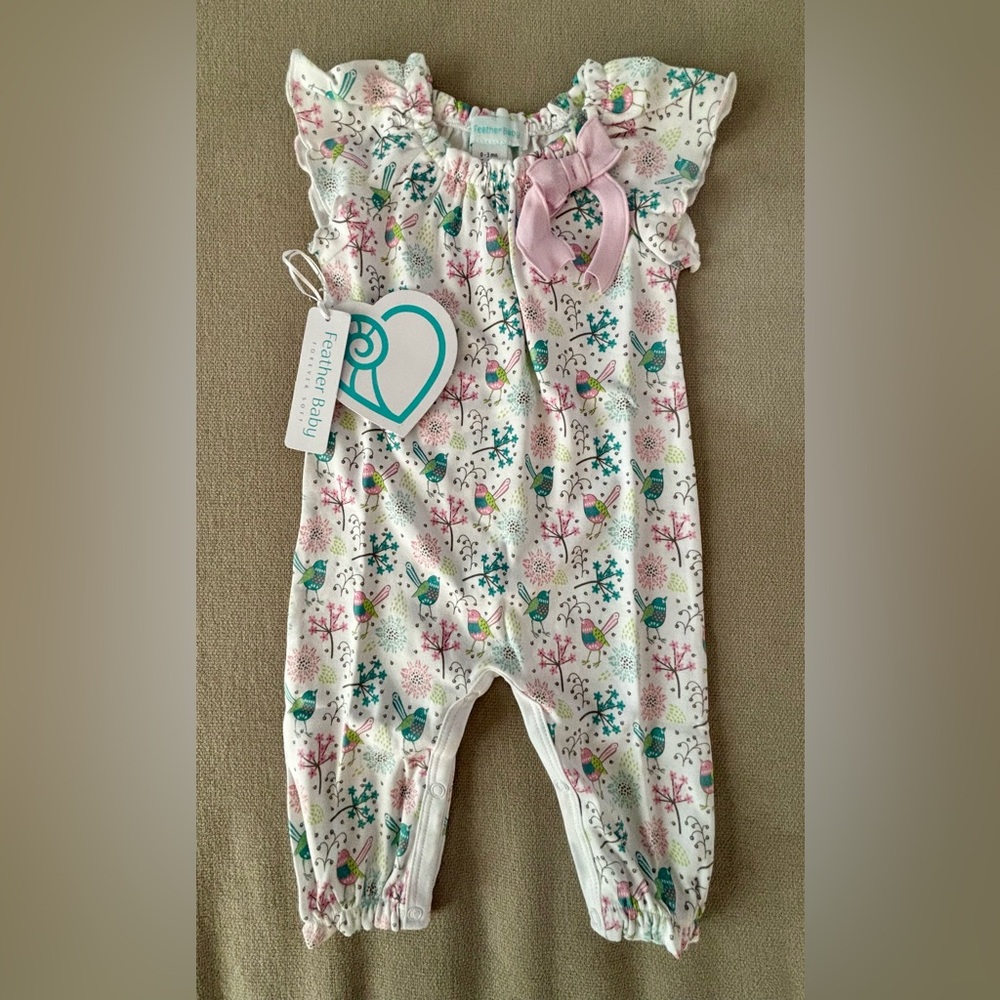 Feather Baby Ruffled Bird Print Footie